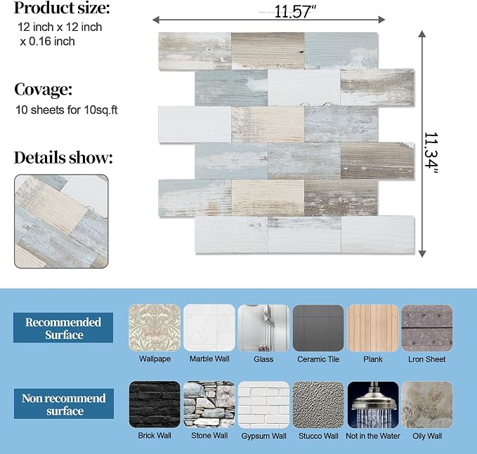2026 New Upgrade Peel and Stick Backsplash Tile, Peel and Stick 11.34" X 11.57" Wall Tile for Kitchen, Bathroom, Fireplace, Laundry (Vintage Wood Grain, 5 Packs)