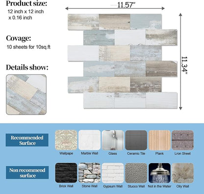 2026 New Upgrade Peel and Stick Backsplash Tile, Peel and Stick 11.34" X 11.57" Wall Tile for Kitchen, Bathroom, Fireplace, Laundry (Vintage Wood Grain, 5 Packs)