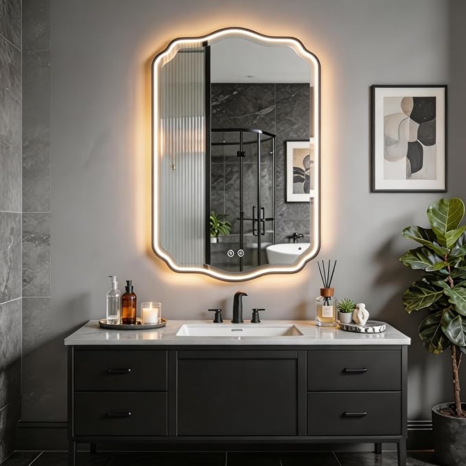 POZINO 40"x24" Scalloped LED Bathroom Mirror with Lights, Black Metal Frame | Beveled Edge, 3 Color Dimmable, Anti-Fog, Memory Function, IP65 Waterproof, Smart Bathroom Vanity Mirror with Front Lights