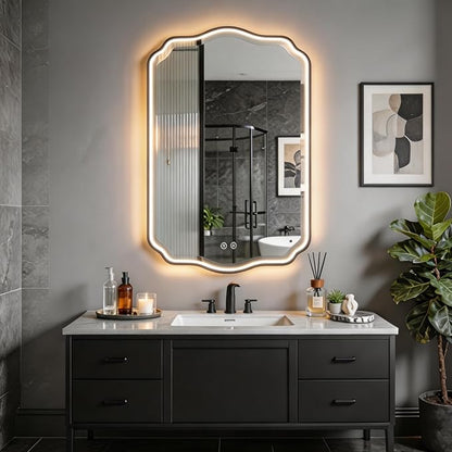 POZINO 40"x24" Scalloped LED Bathroom Mirror with Lights, Black Metal Frame | Beveled Edge, 3 Color Dimmable, Anti-Fog, Memory Function, IP65 Waterproof, Smart Bathroom Vanity Mirror with Front Lights