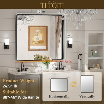 Black Framed Mirrors for Bathroom, 42 x 36 Inch Modern Decorative Wall Mounted Rectangle Matte Framed Vanity Mirror (Horizontal/Vertical)