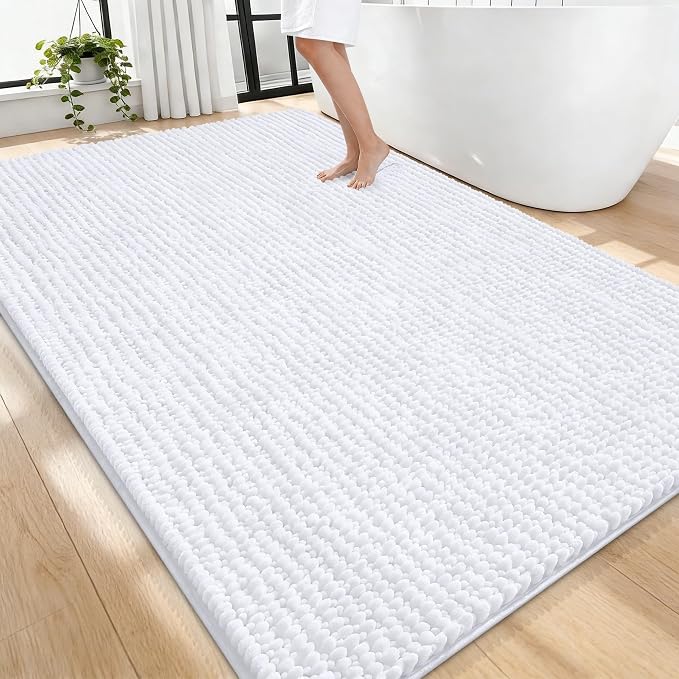 OLANLY Thick Chenille Large Bathroom Rugs 70x46, Absorbent Bath Mat, White | Soft Bath Rugs, Rubber Backing, Machine Wash Dry, Bath Mats for Bathroom, Tub and Shower, Home Decor Accessories