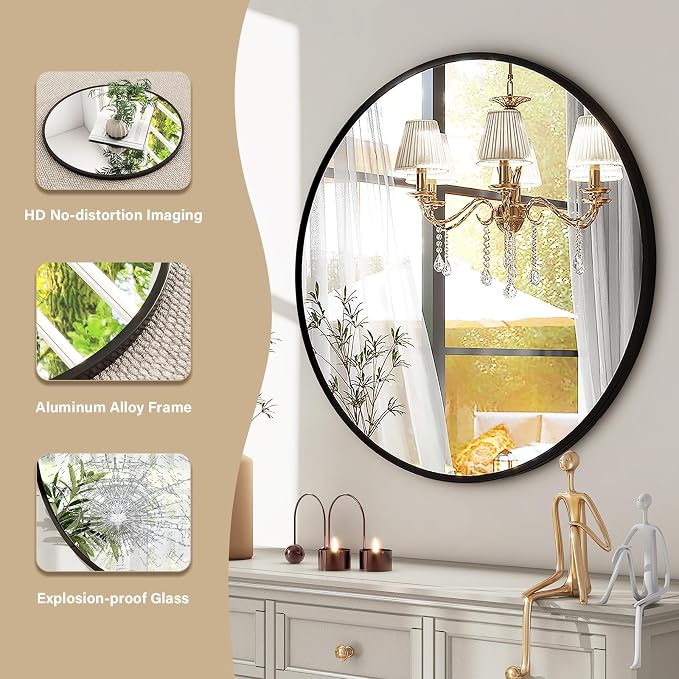 HARRITPURE Round Mirror 20 Black Wall Mounted Circle Mirrors | Vanity Mirror with Aluminum Alloy Frame, Modern Decoration for Bathroom, Living Room, Vanity, Bedroom, Entryway