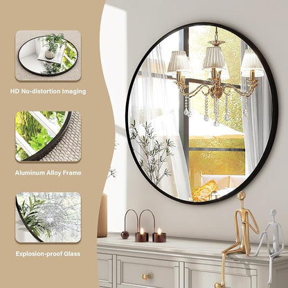 HARRITPURE Round Mirror 20 Black Wall Mounted Circle Mirrors | Vanity Mirror with Aluminum Alloy Frame, Modern Decoration for Bathroom, Living Room, Vanity, Bedroom, Entryway