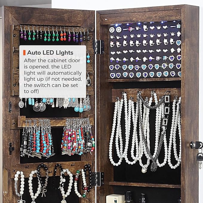 GISSAR Full Length Mirror Jewelry Cabinet, 6 LEDs Jewelry Armoire Wall Mounted Over The Door Hanging, Jewelry Organizer Display Storage Furniture with Lights Locker Mirrored Cabinet, Vintage Brown