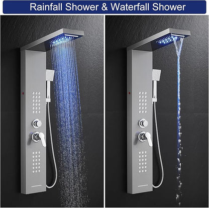 ROVATE LED Shower Panel Tower System, Rainfall Waterfall Shower Tower with Jets and Handheld, 5 in 1 Brushed Stainless Steel High Pressure Shower Column with Tub Spout
