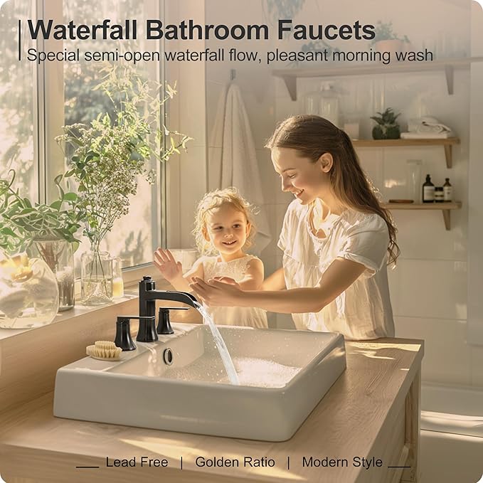 Waterfall Bathroom Faucets 3 Hole, 8 Inch Brass Oil Rubbed Bronze Bathroom Faucet, 2 Handles Bathroom Sink Faucet, Widespread Faucet for Bathroom Sink with Pop-up Drain & Hose