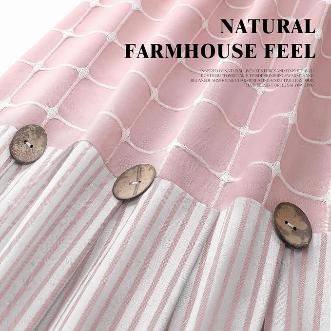 Farmhouse Shower Curtain Button Plaid-Pink-Pink Stripe 72"W x 72"L | Farmhouse Style, Chic Button, Striped, Linen Fabric, Rustic, Country, Natural Look, Washable, for Bathroom Bathtub