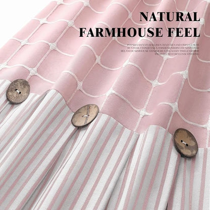 Farmhouse Shower Curtain Button Plaid-Pink-Pink Stripe 72"W x 72"L | Farmhouse Style, Chic Button, Striped, Linen Fabric, Rustic, Country, Natural Look, Washable, for Bathroom Bathtub