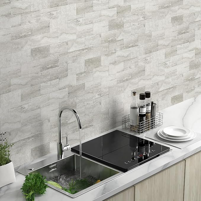 Vamos Tile 100-Piece Matt Beige Mixed Grey Slate Peel and Stick Backsplash Seamless Tile,3''x6'' PVC Subway Tile,Stick on Backsplash for Kitchen/Bathroom/Laundry Room