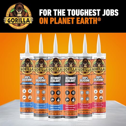 Gorilla 100% Silicone Caulk, Kitchen & Bath Sealant, White, 10 oz Cartridge | Mold & Mildew Resistant, 100% Waterproof Seal, 30-Minute Water-Ready, Flexible and Durable