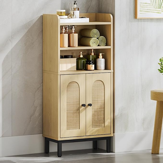 Hzuaneri Bathroom Storage Cabinet, Small Floor Cabinet with 2 Door | Toilet Paper Cabinets, Bathroom Organizer with Adjustable Shelf,for Small Spaces,Rattan Yellow,Arch Door,7.1" Dx14.6 Wx32.7 H