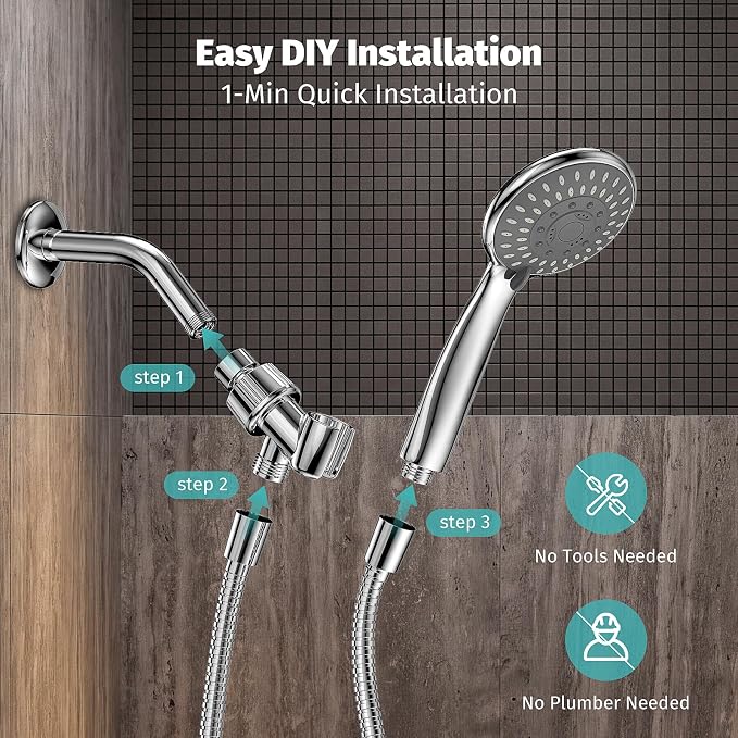High Pressure Handheld Shower Head for Low Water Pressure Homes | 5 Shower Modes, 1-Min Quick Installation, 59” Stainless Steel Hose, Angle Adjustable Holder, for Kids, Pets, Parents, Family