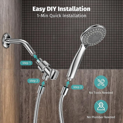 High Pressure Handheld Shower Head for Low Water Pressure Homes | 5 Shower Modes, 1-Min Quick Installation, 59” Stainless Steel Hose, Angle Adjustable Holder, for Kids, Pets, Parents, Family