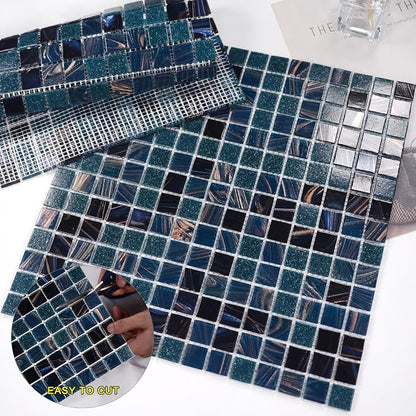 11.5 sq.ft Blue Glass Mosaic Tile for Bathroom, Pool, Kitchen Backsplash | Waterproof Wall & Floor Tile. Heat & frost resistant outdoors. Mesh-mounted easy install. Easy clean. 10pcs. Indigo Blue.