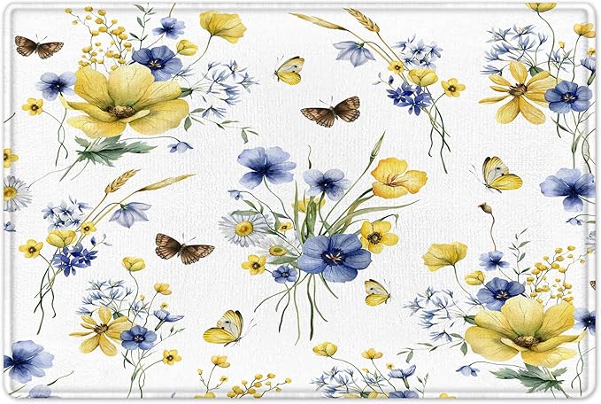 HVEST Farmhouse Floral Shower Curtain and Bathroom Rugs, Blue and Yellow Flower and Butterfly on White Shower Curtain with Bath Mat, 70X70 inches Rustic Wildflower Shower Curtain Set