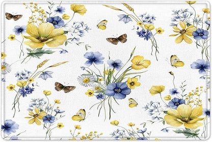 HVEST Farmhouse Floral Shower Curtain and Bathroom Rugs, Blue and Yellow Flower and Butterfly on White Shower Curtain with Bath Mat, 70X70 inches Rustic Wildflower Shower Curtain Set