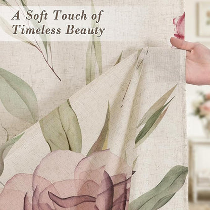 Litabel Farmhouse Pink Floral Linen Shower Curtain, Boho Vintage Spring Cotton Shower Curtains for Chic Elegant Bathroom Decor, Ink Painting Style Blossom Fabric Bath Curtain, 72 x 72