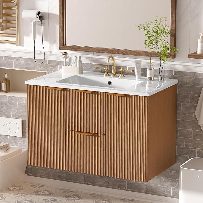 36" Wall Mounted Bathroom Vanity with Ceramic Sink, Modern Floating Bathroom Cabinet with Soft Close Doors & Divided Drawers, MDF Wood Vanity Set for Small Bathroom, Natural Oak