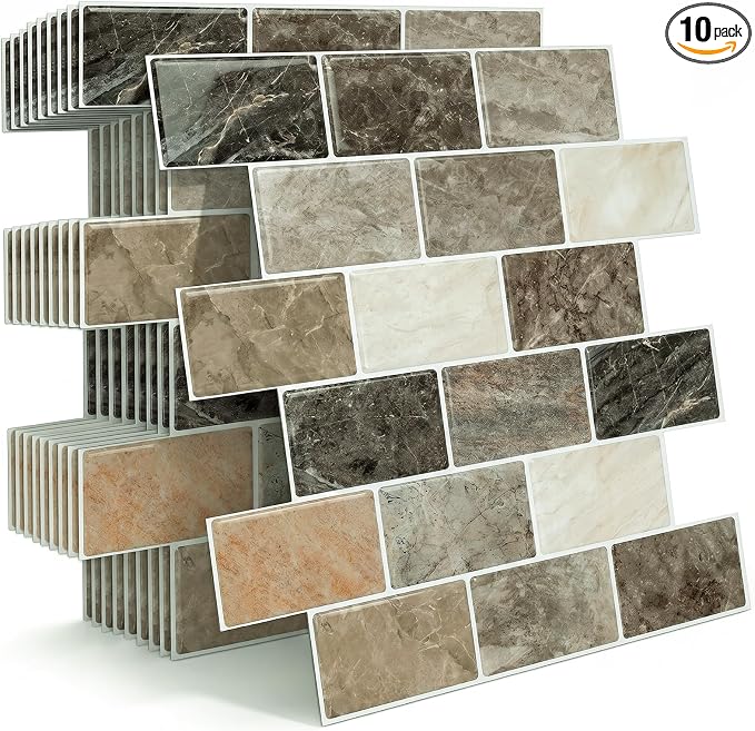Arttown Peel and Stick 3D Wall Backsplash, 10-Sheet, 12" × 12" Brown Tan | Subway Tiles Self Adhesive Thicker Design Wall Tile Panel Wallpaper for Kitchen Balcony Bathroom Rental Housing