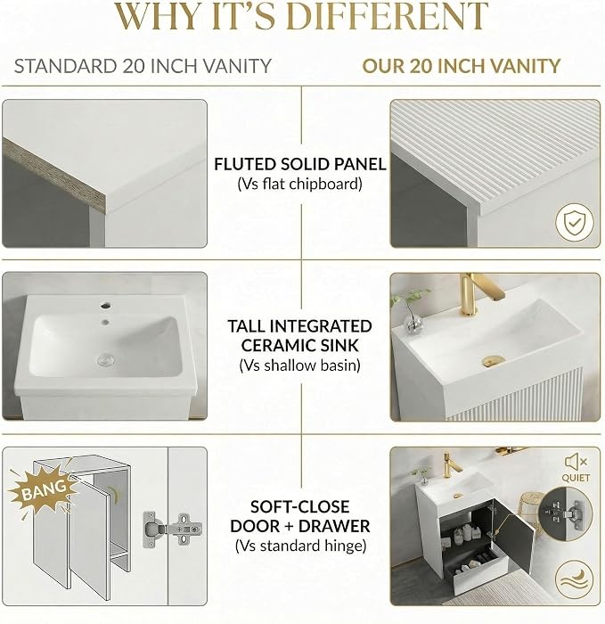 20 inch Bathroom Vanity with White Ceramic Sink, Bath Storage Cabinet with Soft-Closing Door and Drawer, Perfect for Small Space, Powder Room, Hotel, Matte White