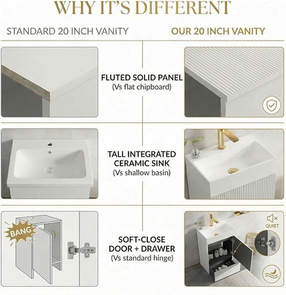 20 inch Bathroom Vanity with White Ceramic Sink, Bath Storage Cabinet with Soft-Closing Door and Drawer, Perfect for Small Space, Powder Room, Hotel, Matte White