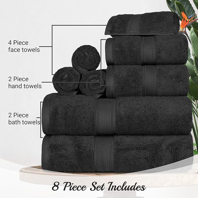 Superior Egyptian Cotton Ultra Plush & Absorbent, 8 Piece Set, Black | Quick Dry, Soft Luxury Towel Set, Bath Essentials, Guest Bath, Spa, 2 Bath, 2 Hand, 4 Face Towels, Madeline Towels