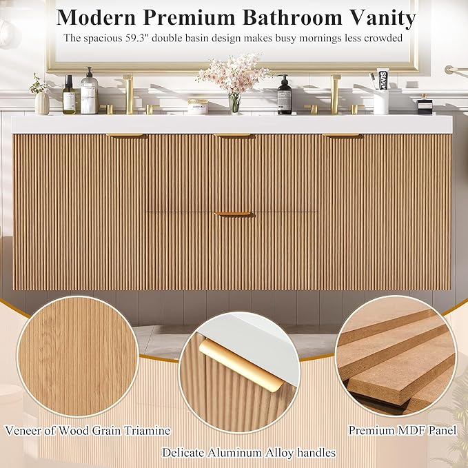 60" Bathroom Vanity with Sink Combo, Floating Double Sink Bathroom Vanity with SMC Resin Top, MDF Cabinet with Solid Wood Frame, Wall-Mounted Bath Room Vanities for Large Bathrooms, Wood
