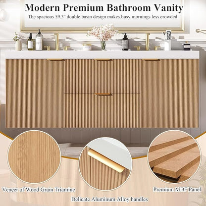 60" Bathroom Vanity with Sink Combo, Floating Double Sink Bathroom Vanity with SMC Resin Top, MDF Cabinet with Solid Wood Frame, Wall-Mounted Bath Room Vanities for Large Bathrooms, Wood