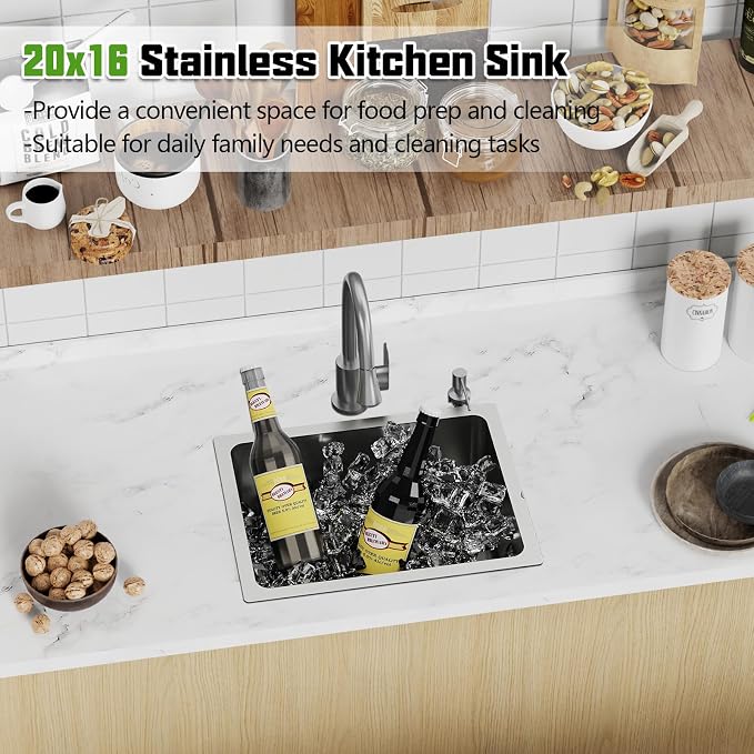 20x16 In Kitchen And Bar Sink- Stainless Steel Undermount Kitchen Sink Modern Single Bowl Drop In Bar Sink With Silicon Mat,Drain Strainer Set Compatibility With Various Kitchen & Bar Style