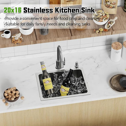 20x16 In Kitchen And Bar Sink- Stainless Steel Undermount Kitchen Sink Modern Single Bowl Drop In Bar Sink With Silicon Mat,Drain Strainer Set Compatibility With Various Kitchen & Bar Style