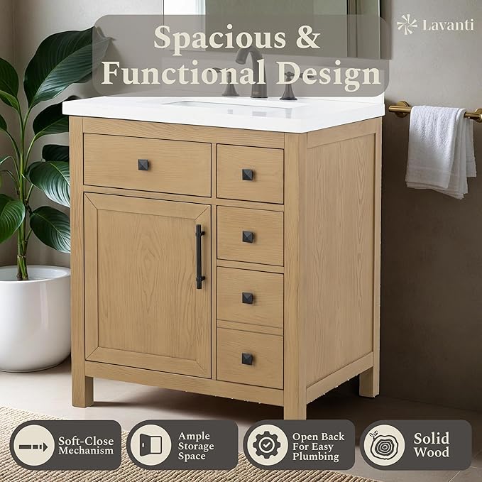 Lavanti Oakford 30 Inch Bathroom Vanity with Sink – Stylish Firwood Oak Vanity Bathroom with Storage Cabinet – Modern Bathroom Vanities with Single Vanity Sink & Quartz Countertop