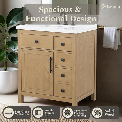 Lavanti Oakford 30 Inch Bathroom Vanity with Sink – Stylish Firwood Oak Vanity Bathroom with Storage Cabinet – Modern Bathroom Vanities with Single Vanity Sink & Quartz Countertop