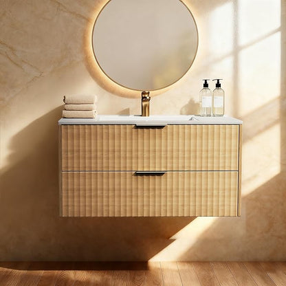 30 Inch Bathroom Vanity with Sink, Modern Floating Bathroom Vanity with Resin Sink, 2 Large Storage Darwers, Wood Grain Texture Wall Mounted Vanity, Gold Handles