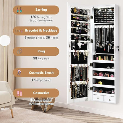 COSTWAY Wall Mounted Jewelry Armoire with Full Length Mirror & 2 LED Lights, Large Storage Capacity, Lockable Mirror Jewelry Cabinet for Women Girls (White)
