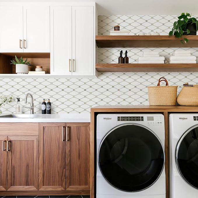STICKGOO 1 Sheet Peel and Stick Backsplash, Pure White Marble Look PVC Mixed Metal Gold Kitchen Backsplash, Stick on Backsplash Wall Tiles for Kitchen, Bathroom, RV