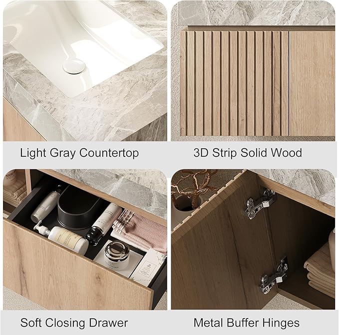 36" Floating Bathroom Vanity with Sink, Modern Plywood Storage Cabinet with Drawer and Door, Gray Sintered Stone Top and 3 Pre-drilled Faucet Holes Ceramic Basin, Pre-Assembled, Light Oak