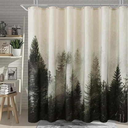 ORTIGIA Dark Green Misty Forest Linen Shower Curtain Nature Mountain Tree Woodland Shower Curtain Set for Bathroom Heavy Blend Fabric Curtains with 10 Metal Hooks 60x72 Inch