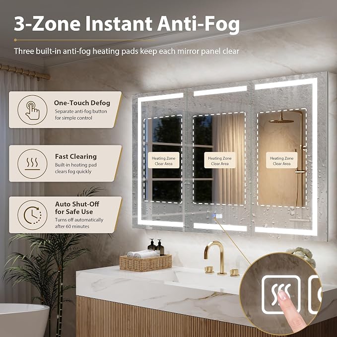 WELLFOR 60" X 36" Bathroom Mirror Medicine Cabinet with 3X Magnification Makeup Mirror, LED Mirrored Cabinet, Bathroom Storage Mirror Cabinet, Three Opening Doors, Recessed or Surface
