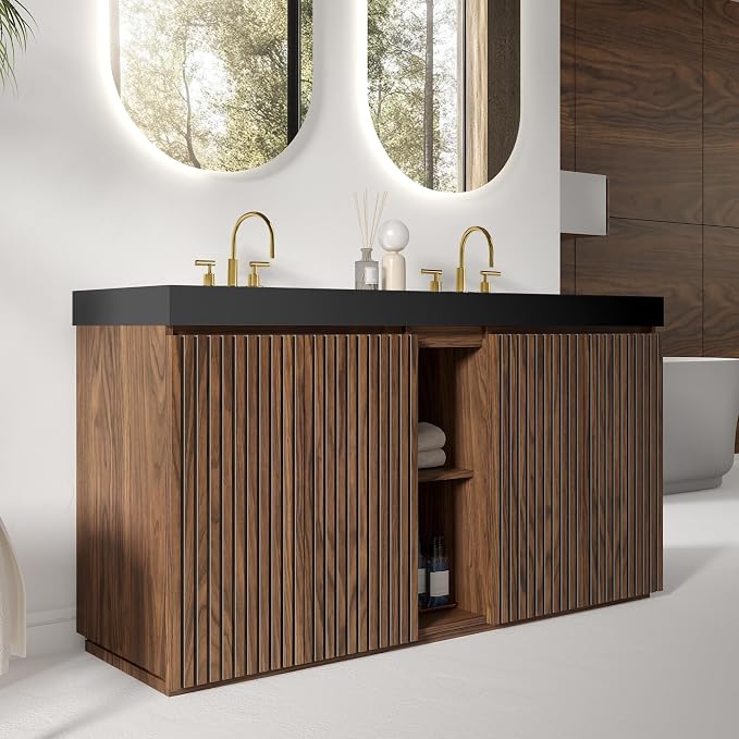 60 Inch Bathroom Vanity with Double Sink, Freestanding Double Sink Bathroom Vanity with Black Engineered Stone Top, Open Storage Cabinet & Adjustable Shelf, Walnut (3 Holes)