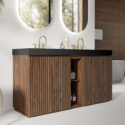 60 Inch Bathroom Vanity with Double Sink, Freestanding Double Sink Bathroom Vanity with Black Engineered Stone Top, Open Storage Cabinet & Adjustable Shelf, Walnut (3 Holes)