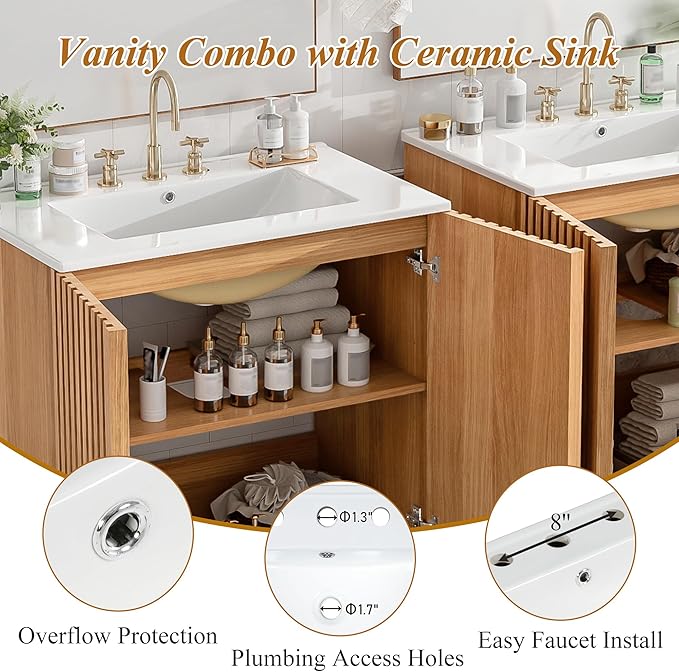 60″ Bathroom Vanity with Ceramic Sink, Modern Bathroom Vanity Cabinet with 4 Doors, Freestanding Mid-Century Restroom Sink Cabinet Combo with U-Shaped Adjustable Shelf (60")