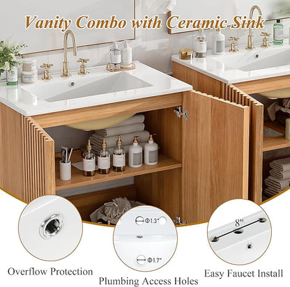 60″ Bathroom Vanity with Ceramic Sink, Modern Bathroom Vanity Cabinet with 4 Doors, Freestanding Mid-Century Restroom Sink Cabinet Combo with U-Shaped Adjustable Shelf (60")
