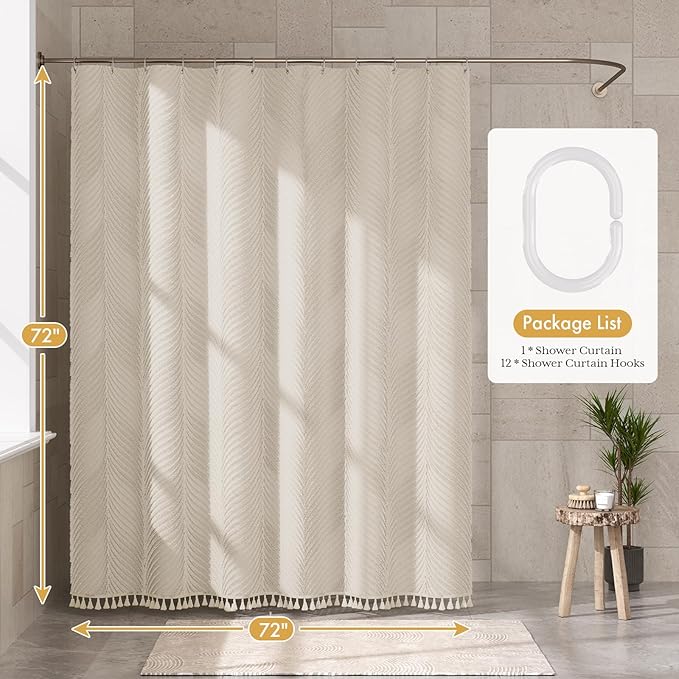 AmazerBath Boho Farmhouse Shower Curtain with Tassels, Soft Cloth Beige Shower Curtain Set, Herringbone Chevron Minimalist Fabric Rustic Shower Curtain with Hooks, Hotel Quality, 72x72 Inches