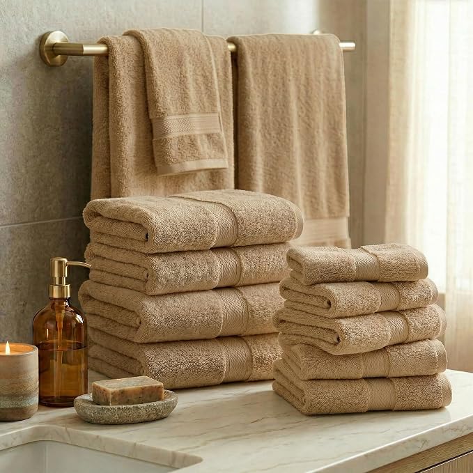 SUPERIOR Egyptian Cotton Ultra Plush & Absorbent, 12 Piece Set, Toast | Heavyweight 12 Pc Egyptian Cotton Towel Set Includes 4 Bath Towels 4 Hand Towels 4 Washcloths Decorative Rope Border