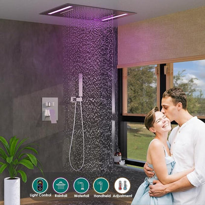 LED Spa Shower System Rainfall Waterfall with Handheld, Brushed Nickel | 20x14-Inch Luxury 2 Modes Showerhead with Ligh t Remote Control, 3 Way Mixer Valve