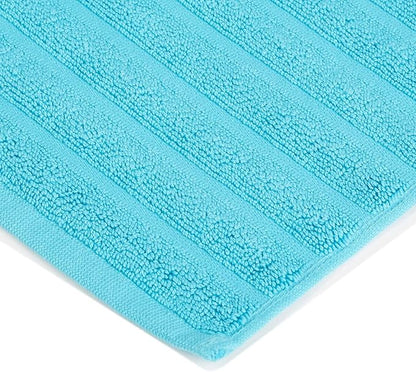 Superior Striped Bath Mat 2-Pack, 100% Combed Cotton, Luxury Spa Ribbed Texture, Durable and Washable Bathroom Mats - Turquoise, 22" x 35" each