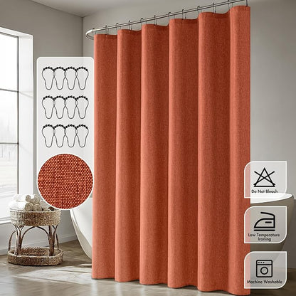 ANRODUO Burnt Orange Linen Textured Fabric Shower Curtain Set - W72xL84 | Farmhouse Shower Curtain with 12 Metal Hooks, Waterproof Heavy Duty, Button Hole Design, Machine Washable for Bathroom