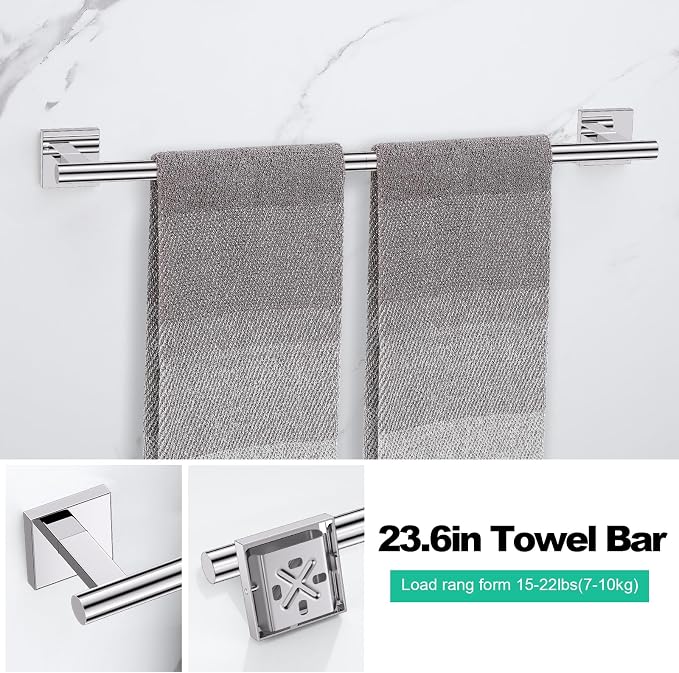 Chrome Towel Bar Bathroom Hardware Accessories Set, 5 Pieces Toilet Paper Holder Towel Holder Set, 23.6 Inch Stainless Steel Towel Racks for Bathroom Wall Mounted