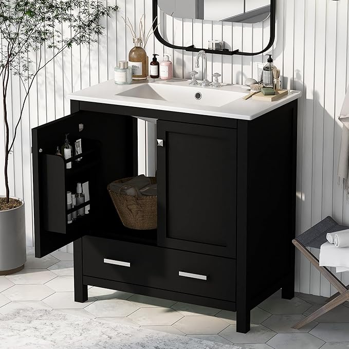 LUMISOL 30" Bathroom Vanity with Sink Top, Single Bathroom Sink Cabinet with a Drawer and 2 Doors, Freestanding Storage Vanity with Undermount Ceramic Basin, Black